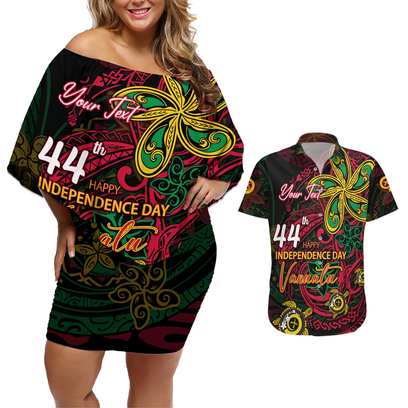 Custom Vanuatu 44th Independence Anniversary Couples Matching Off Shoulder Short Dress and Hawaiian Shirt Flower Melanesian Namele Turtle