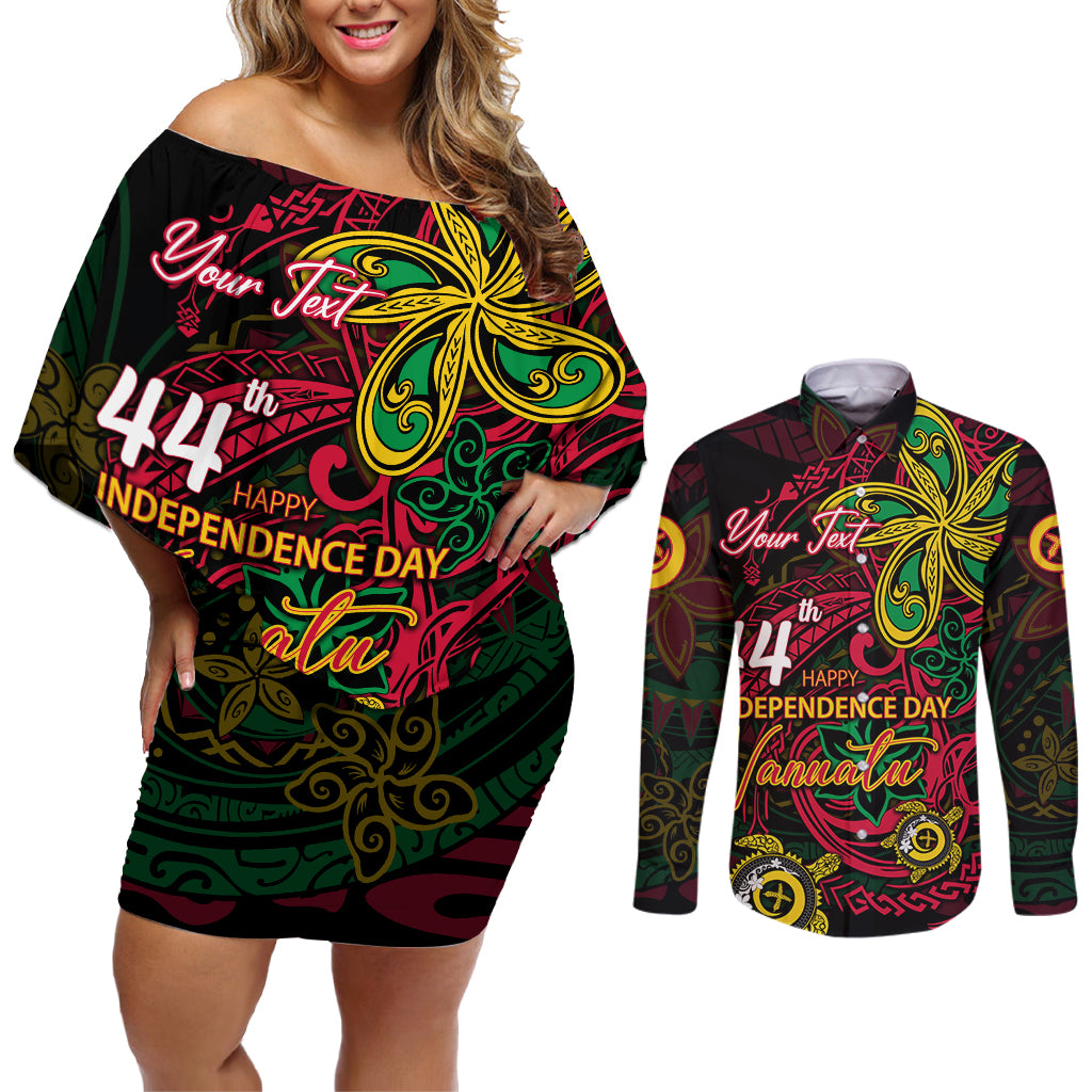 Custom Vanuatu 44th Independence Anniversary Couples Matching Off Shoulder Short Dress and Long Sleeve Button Shirt Flower Melanesian Namele Turtle