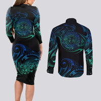 Sea Animal Polynesia Couples Matching Long Sleeve Bodycon Dress and Long Sleeve Button Shirt Polynesian Pattern