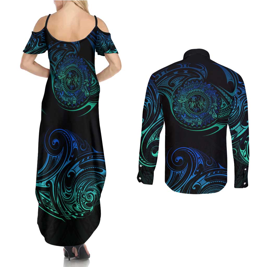 Sea Animal Polynesia Couples Matching Summer Maxi Dress and Long Sleeve Button Shirt Polynesian Pattern