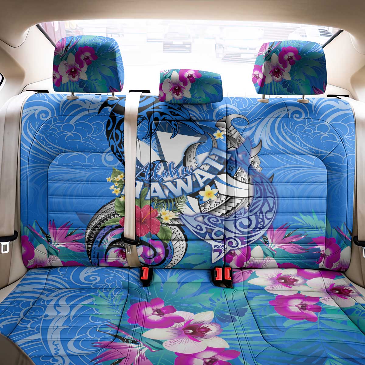 Aloha Hawaii Back Car Seat Cover Dolphins and Fish Hook Hibiscus