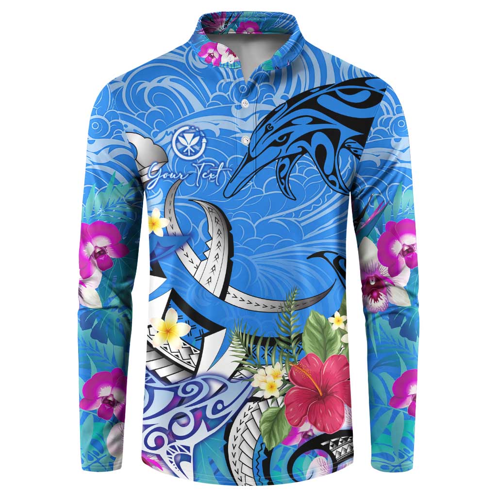 Aloha Hawaii Button Sweatshirt Dolphins and Fish Hook Hibiscus DT02 Blue - Polynesian Pride