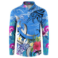 Aloha Hawaii Button Sweatshirt Dolphins and Fish Hook Hibiscus DT02 Blue - Polynesian Pride