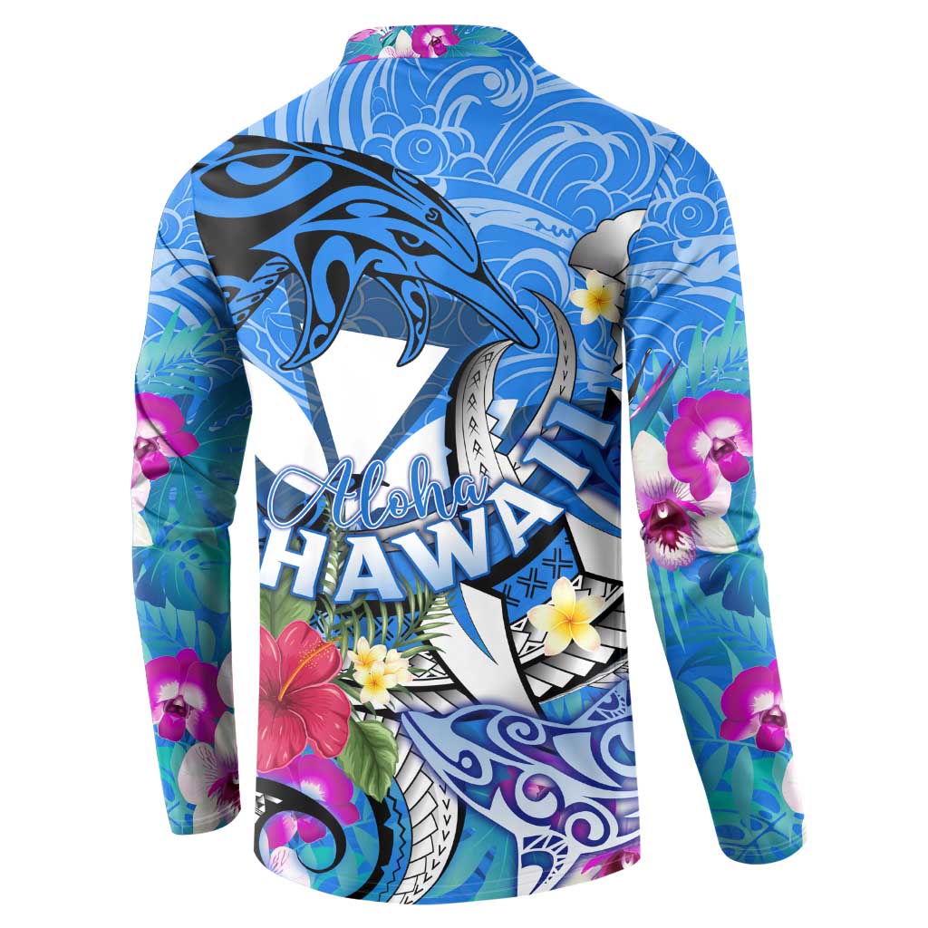 Aloha Hawaii Button Sweatshirt Dolphins and Fish Hook Hibiscus DT02 - Polynesian Pride