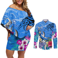 Aloha Hawaii Couples Matching Off Shoulder Short Dress and Long Sleeve Button Shirt Dolphins and Fish Hook Hibiscus