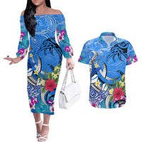 Aloha Hawaii Couples Matching Off The Shoulder Long Sleeve Dress and Hawaiian Shirt Dolphins and Fish Hook Hibiscus