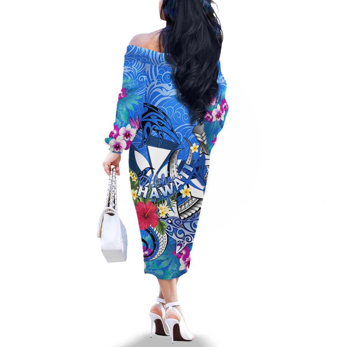 Aloha Hawaii Family Matching Off The Shoulder Long Sleeve Dress and Hawaiian Shirt Dolphins and Fish Hook Hibiscus