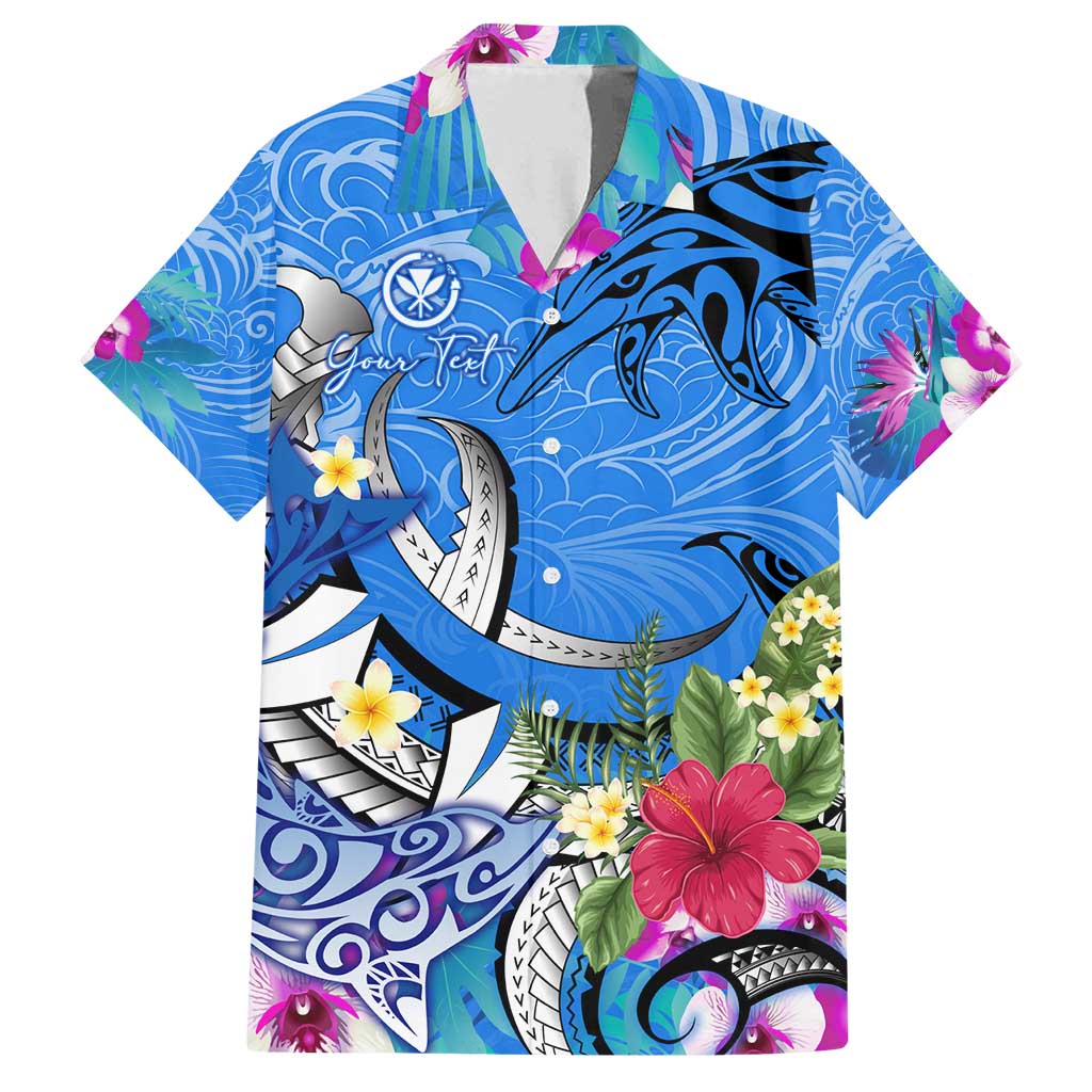 Aloha Hawaii Family Matching Off Shoulder Maxi Dress and Hawaiian Shirt Dolphins and Fish Hook Hibiscus DT02 Dad's Shirt - Short Sleeve Blue - Polynesian Pride