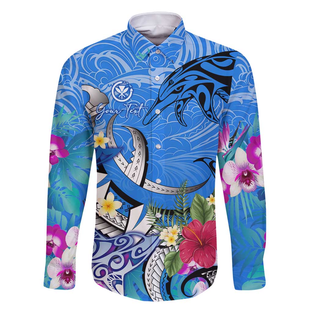 Aloha Hawaii Family Matching Off Shoulder Maxi Dress and Hawaiian Shirt Dolphins and Fish Hook Hibiscus DT02 Dad's Shirt - Long Sleeve Blue - Polynesian Pride