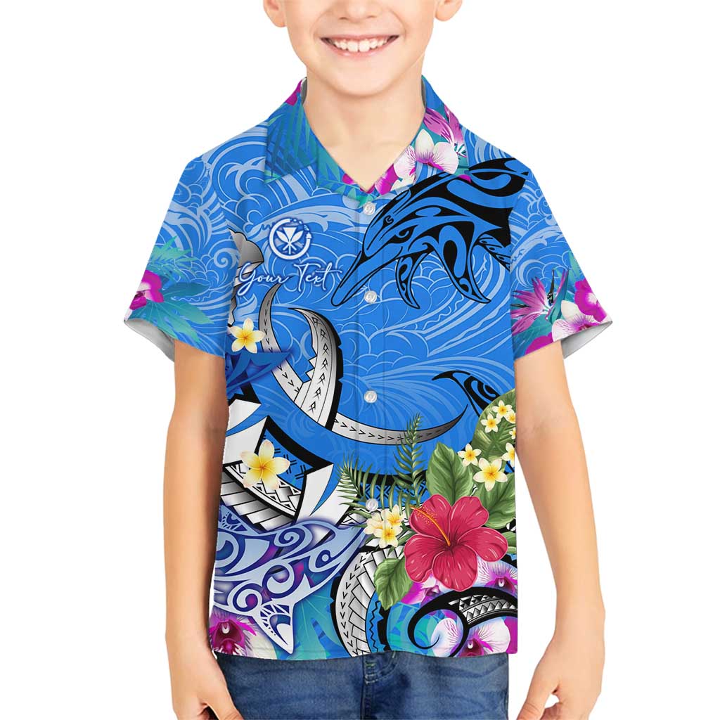 Aloha Hawaii Family Matching Off Shoulder Maxi Dress and Hawaiian Shirt Dolphins and Fish Hook Hibiscus DT02 Son's Shirt Blue - Polynesian Pride