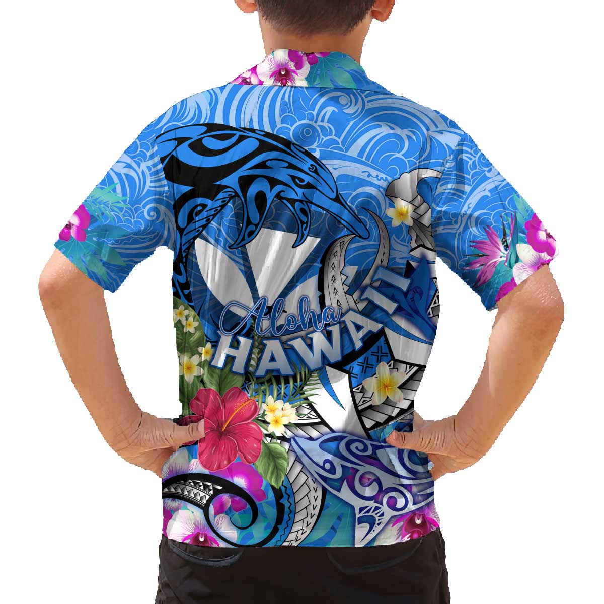 Aloha Hawaii Family Matching Off Shoulder Short Dress and Hawaiian Shirt Dolphins and Fish Hook Hibiscus DT02 - Polynesian Pride