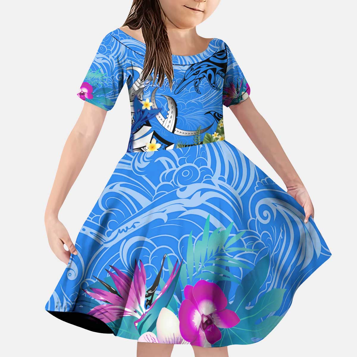 Aloha Hawaii Family Matching Puletasi and Hawaiian Shirt Dolphins and Fish Hook Hibiscus DT02 Daughter's Dress Blue - Polynesian Pride