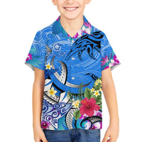 Aloha Hawaii Family Matching Puletasi and Hawaiian Shirt Dolphins and Fish Hook Hibiscus DT02 Son's Shirt Blue - Polynesian Pride