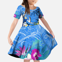 Aloha Hawaii Family Matching Summer Maxi Dress and Hawaiian Shirt Dolphins and Fish Hook Hibiscus DT02 Daughter's Dress Blue - Polynesian Pride