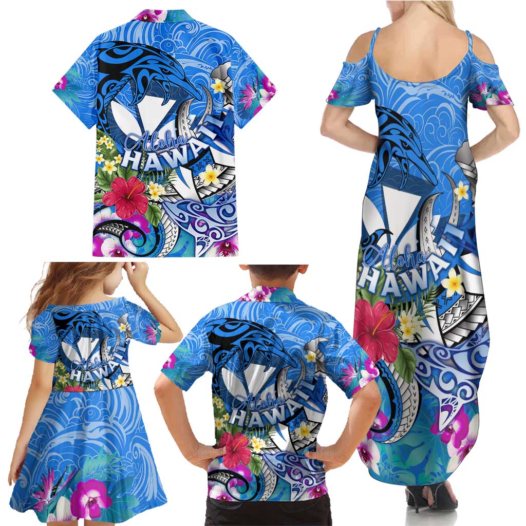 Aloha Hawaii Family Matching Summer Maxi Dress and Hawaiian Shirt Dolphins and Fish Hook Hibiscus DT02 - Polynesian Pride