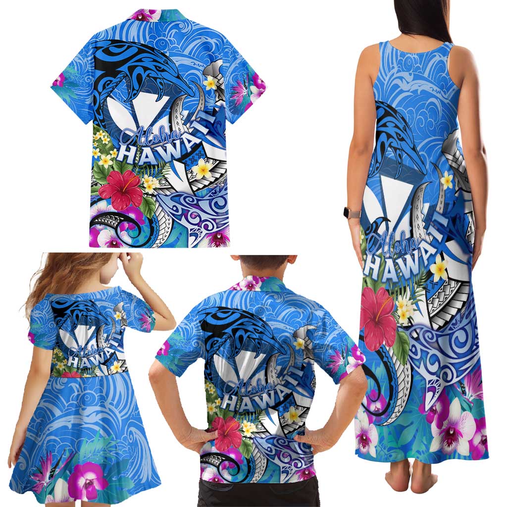 Aloha Hawaii Family Matching Tank Maxi Dress and Hawaiian Shirt Dolphins and Fish Hook Hibiscus DT02 - Polynesian Pride