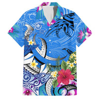 Aloha Hawaii Family Matching Tank Maxi Dress and Hawaiian Shirt Dolphins and Fish Hook Hibiscus DT02 Dad's Shirt - Short Sleeve Blue - Polynesian Pride