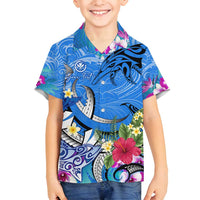 Aloha Hawaii Family Matching Tank Maxi Dress and Hawaiian Shirt Dolphins and Fish Hook Hibiscus DT02 Son's Shirt Blue - Polynesian Pride