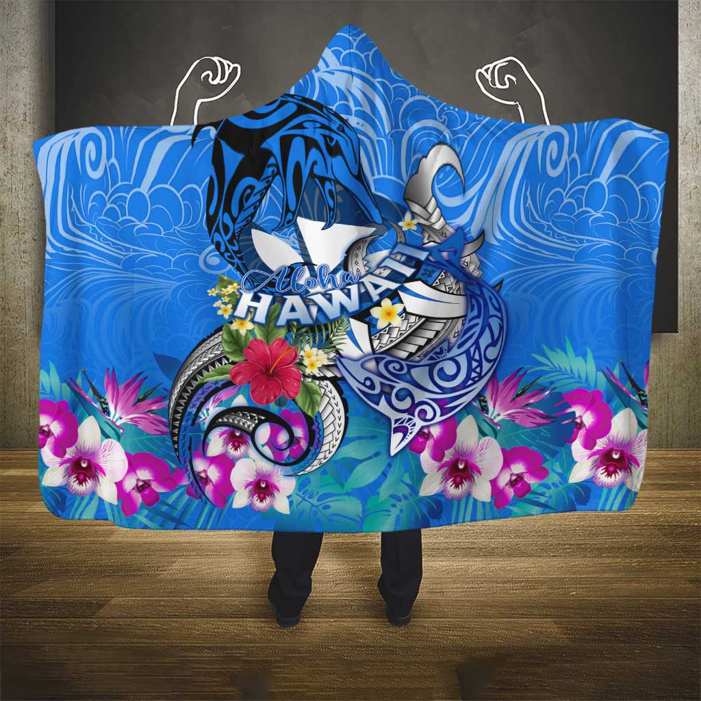 Aloha Hawaii Hooded Blanket Dolphins and Fish Hook Hibiscus