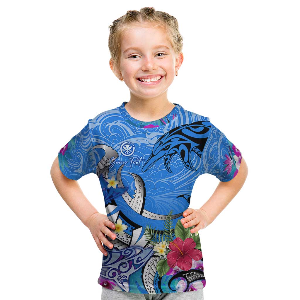 Aloha Hawaii Kid T Shirt Dolphins and Fish Hook Hibiscus DT02 Blue - Polynesian Pride