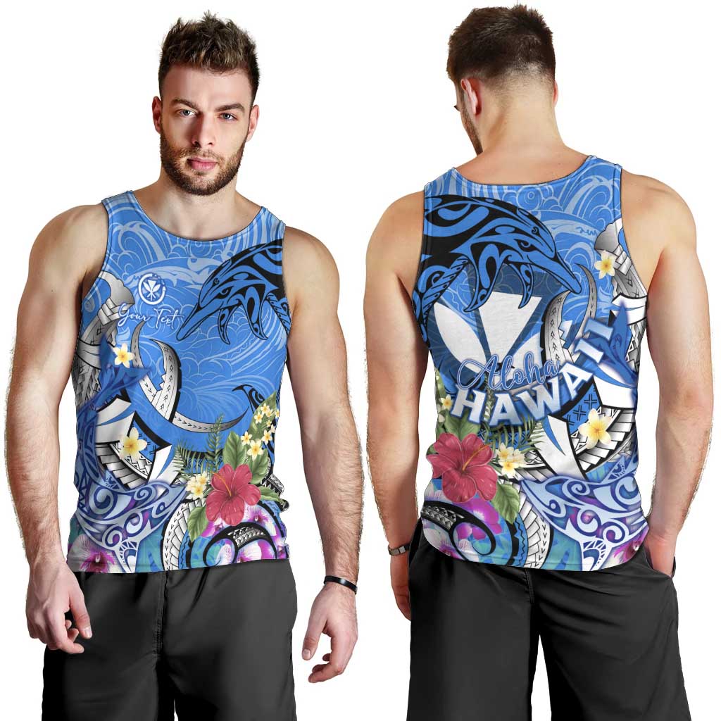 Aloha Hawaii Men Tank Top Dolphins and Fish Hook Hibiscus