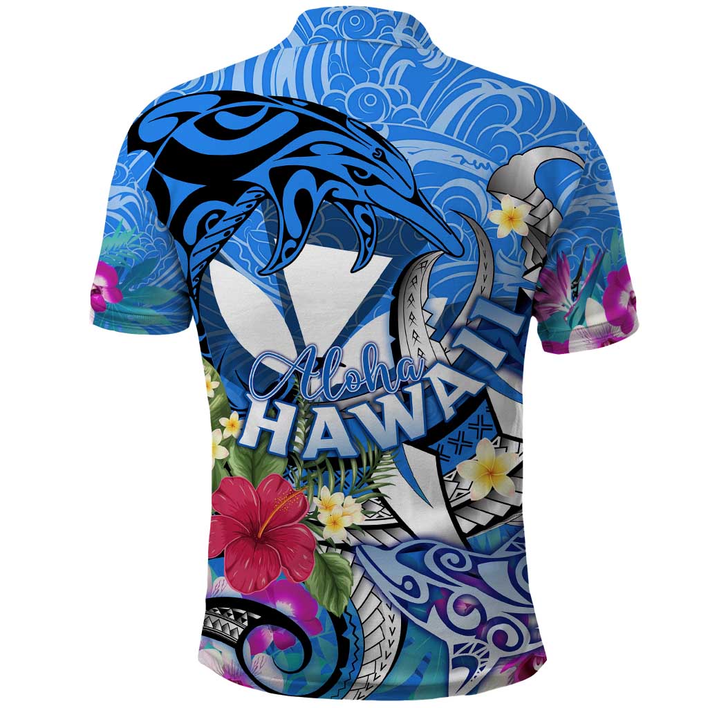 Aloha Hawaii Polo Shirt Dolphins and Fish Hook Hibiscus