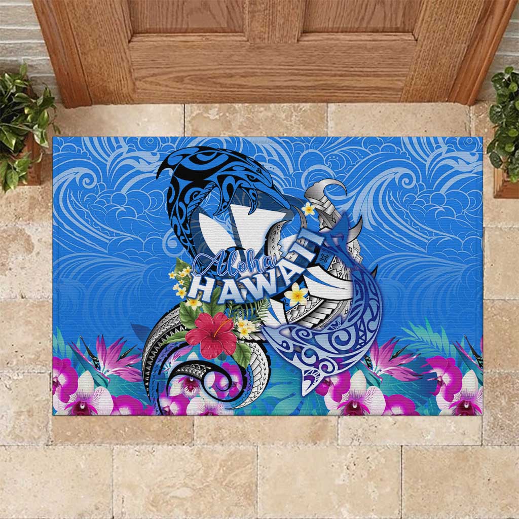 Aloha Hawaii Rubber Doormat Dolphins and Fish Hook Hibiscus DT02 Blue - Polynesian Pride