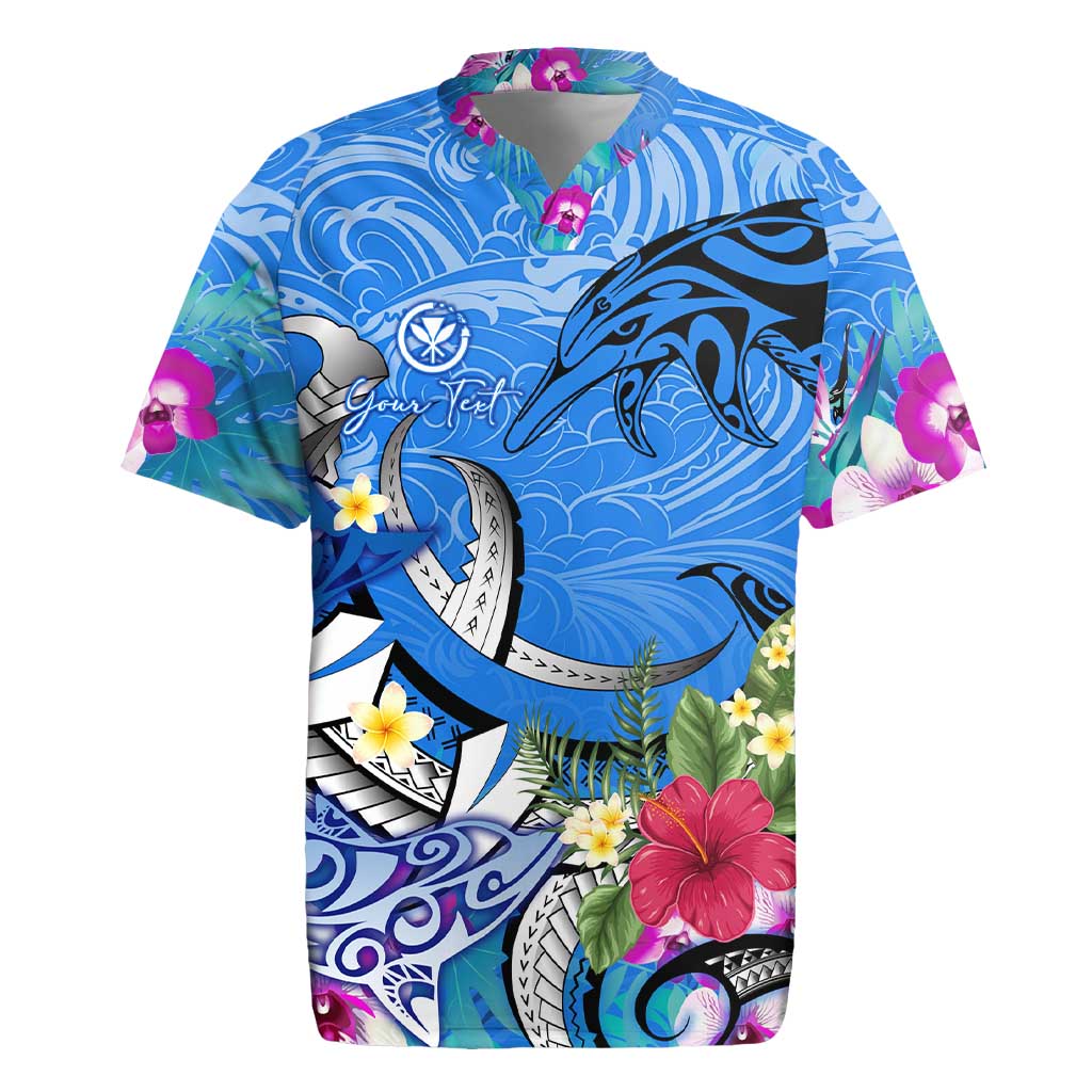 Aloha Hawaii Rugby Jersey Dolphins and Fish Hook Hibiscus
