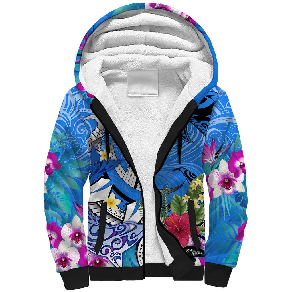 Aloha Hawaii Sherpa Hoodie Dolphins and Fish Hook Hibiscus