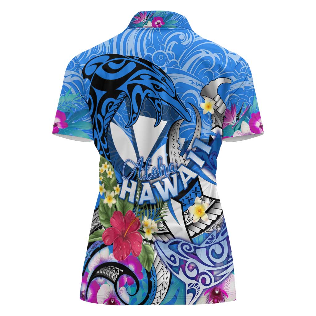 Aloha Hawaii Women Polo Shirt Dolphins and Fish Hook Hibiscus