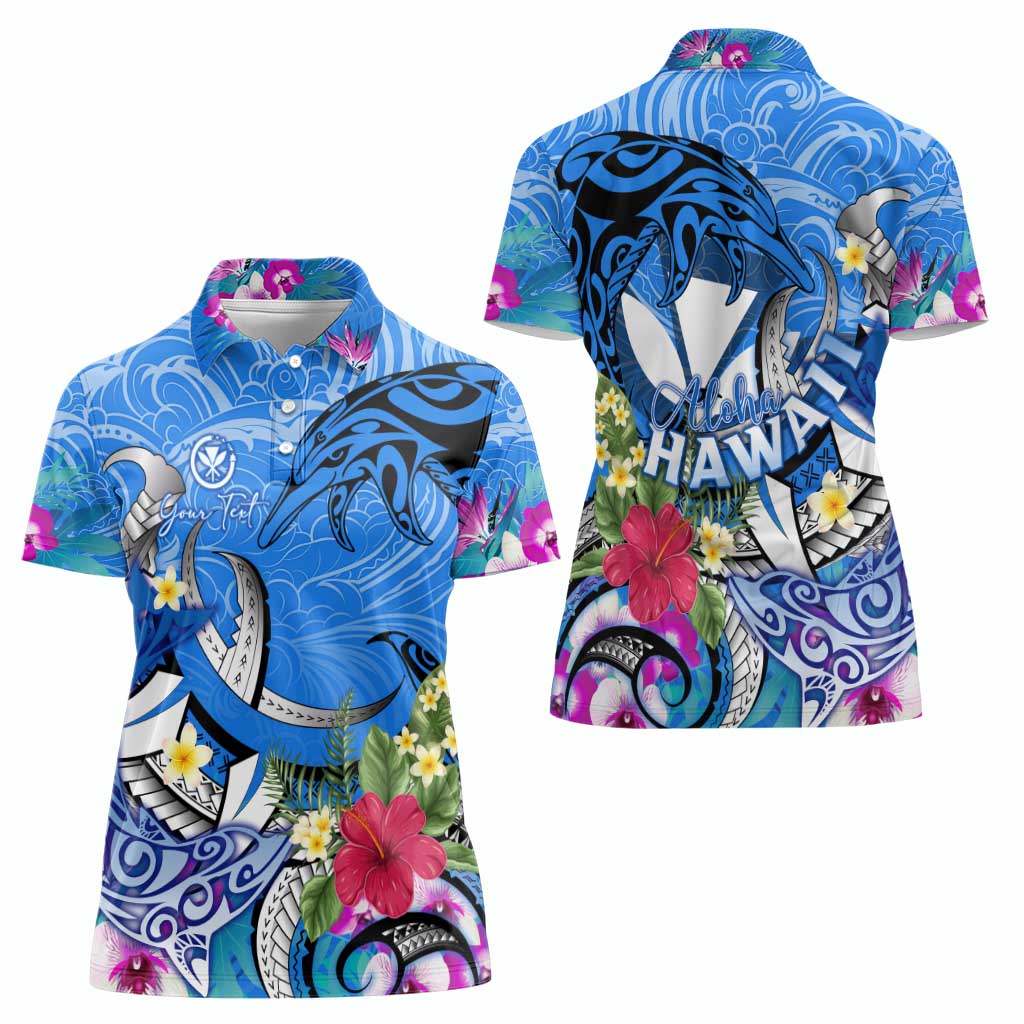Aloha Hawaii Women Polo Shirt Dolphins and Fish Hook Hibiscus