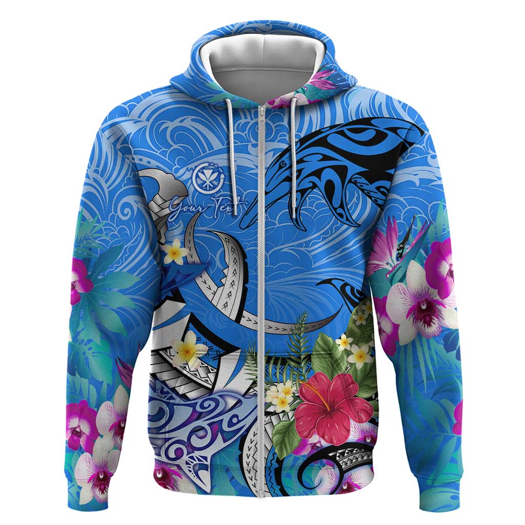 Aloha Hawaii Zip Hoodie Dolphins and Fish Hook Hibiscus DT02 Zip Hoodie Blue - Polynesian Pride