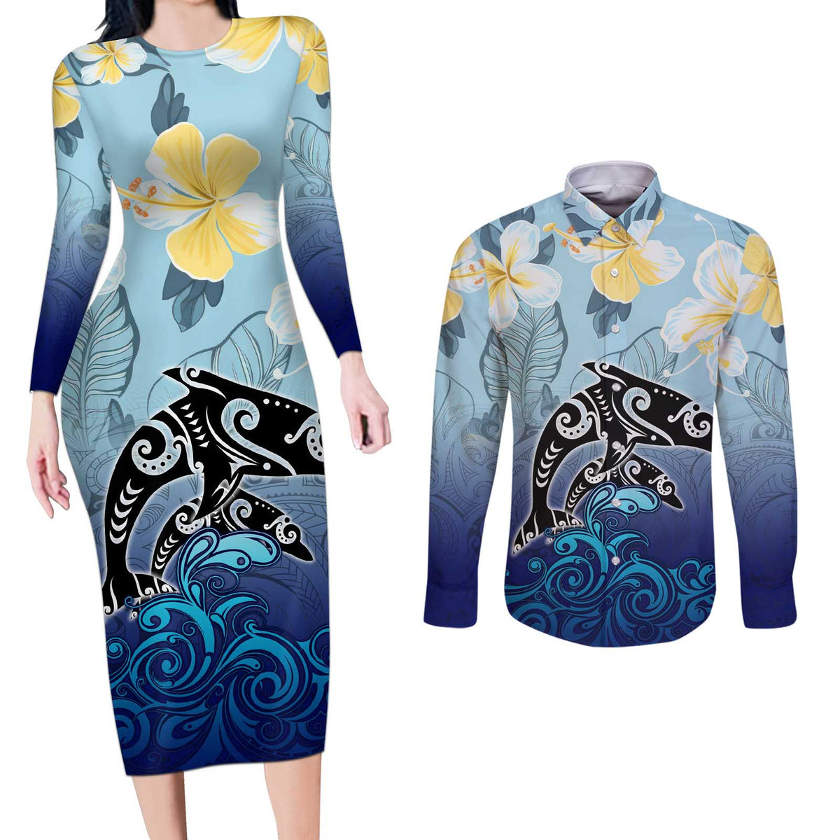 Mother And Baby Dolphins Couples Matching Long Sleeve Bodycon Dress and Long Sleeve Button Shirt Hawaii Hibiscus