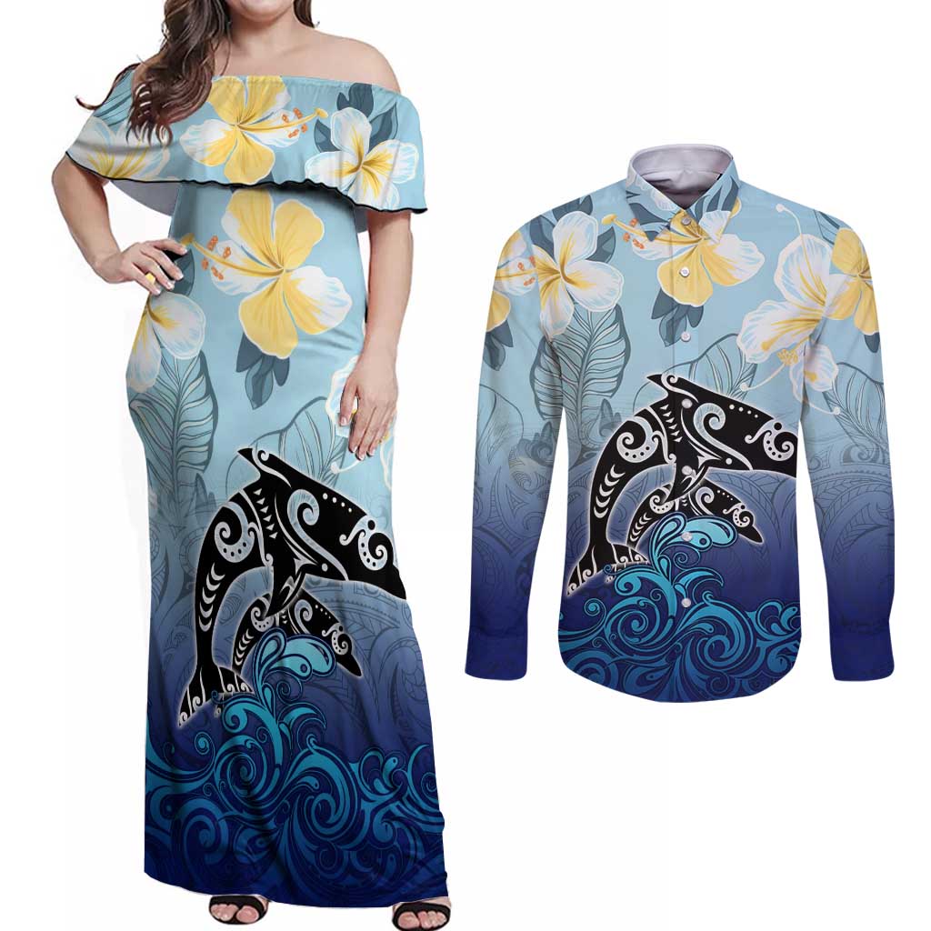 Mother And Baby Dolphins Couples Matching Off Shoulder Maxi Dress and Long Sleeve Button Shirt Hawaii Hibiscus