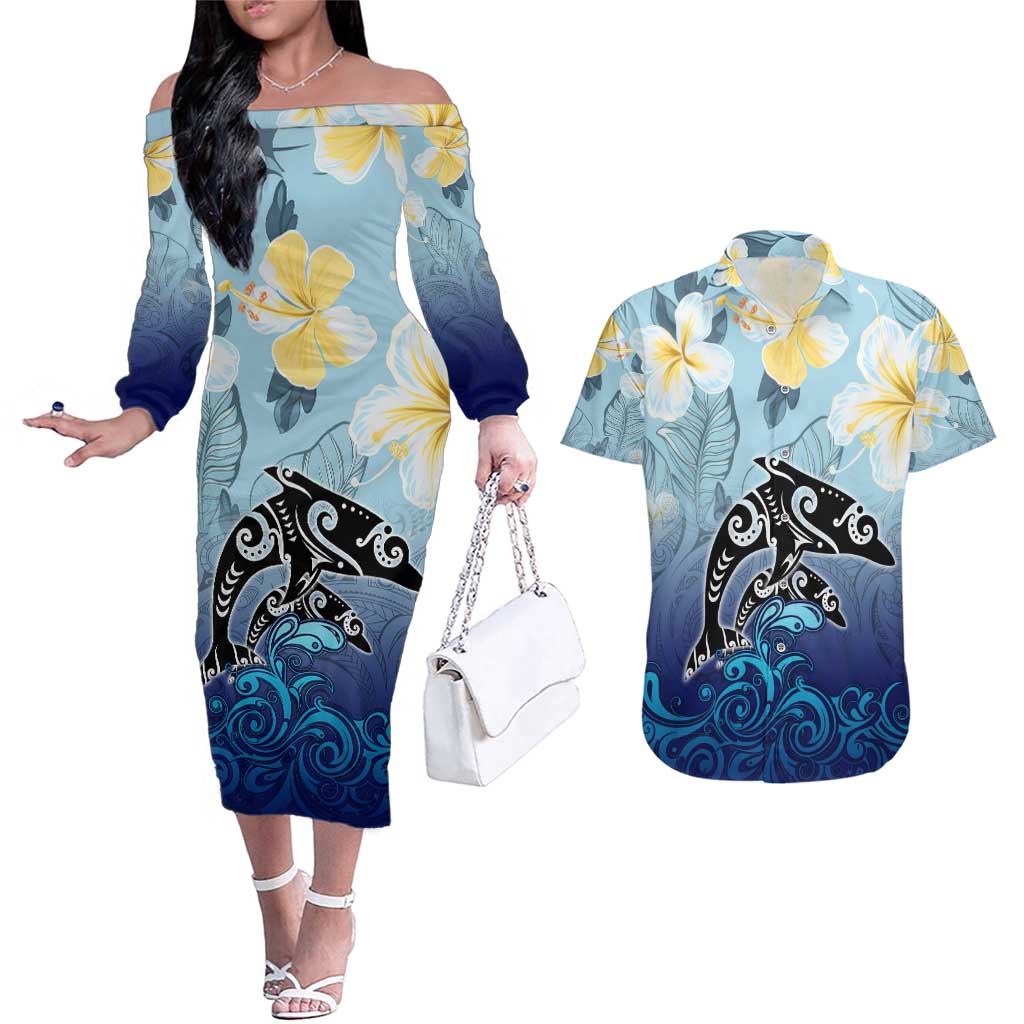 Mother And Baby Dolphins Couples Matching Off The Shoulder Long Sleeve Dress and Hawaiian Shirt Hawaii Hibiscus