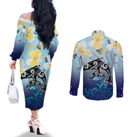 Mother And Baby Dolphins Couples Matching Off The Shoulder Long Sleeve Dress and Long Sleeve Button Shirt Hawaii Hibiscus