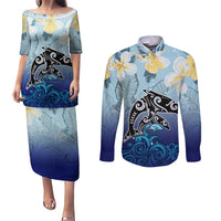 Mother And Baby Dolphins Couples Matching Puletasi and Long Sleeve Button Shirt Hawaii Hibiscus