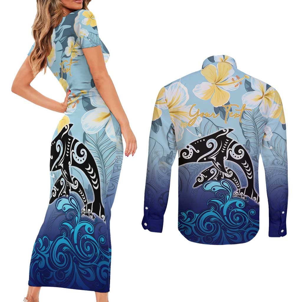 Mother And Baby Dolphins Couples Matching Short Sleeve Bodycon Dress and Long Sleeve Button Shirt Hawaii Hibiscus