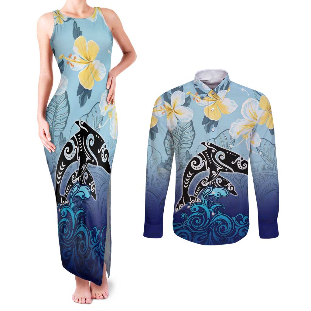 Mother And Baby Dolphins Couples Matching Tank Maxi Dress and Long Sleeve Button Shirt Hawaii Hibiscus