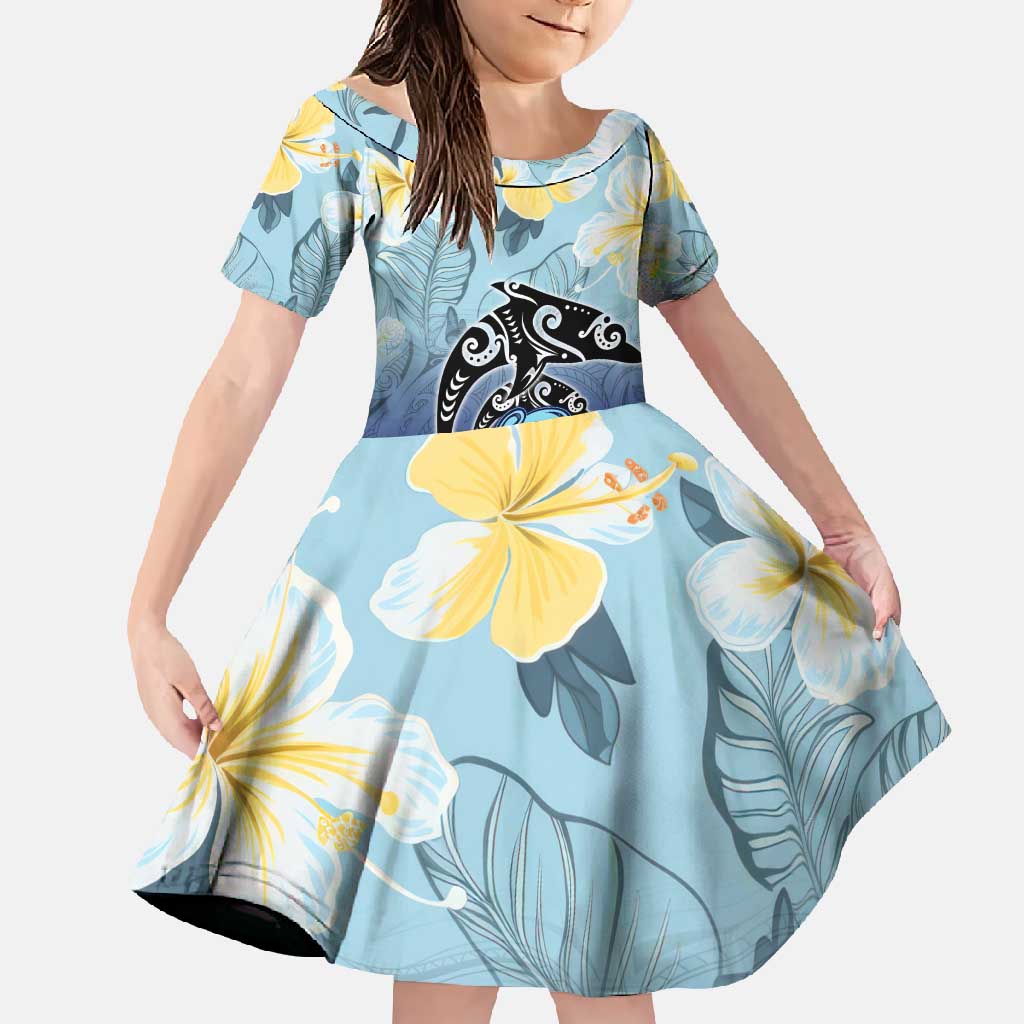 Mother And Baby Dolphins Family Matching Off Shoulder Maxi Dress and Hawaiian Shirt Hawaii Hibiscus DT02 Daughter's Dress Blue - Polynesian Pride