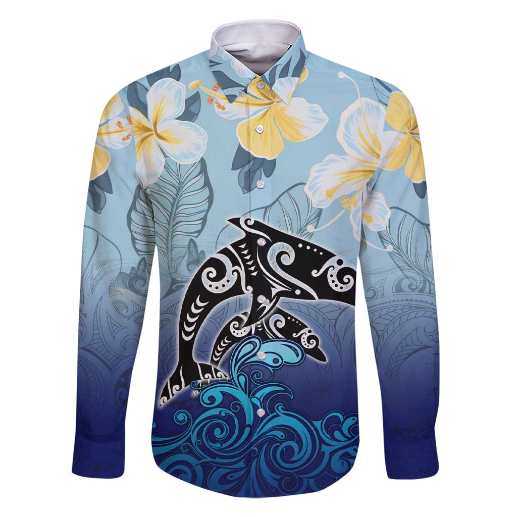 Mother And Baby Dolphins Family Matching Short Sleeve Bodycon Dress and Hawaiian Shirt Hawaii Hibiscus DT02 Dad's Shirt - Long Sleeve Blue - Polynesian Pride