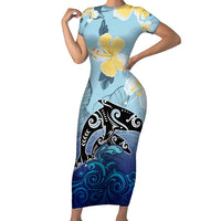 Mother And Baby Dolphins Family Matching Short Sleeve Bodycon Dress and Hawaiian Shirt Hawaii Hibiscus DT02 Mom's Dress Blue - Polynesian Pride