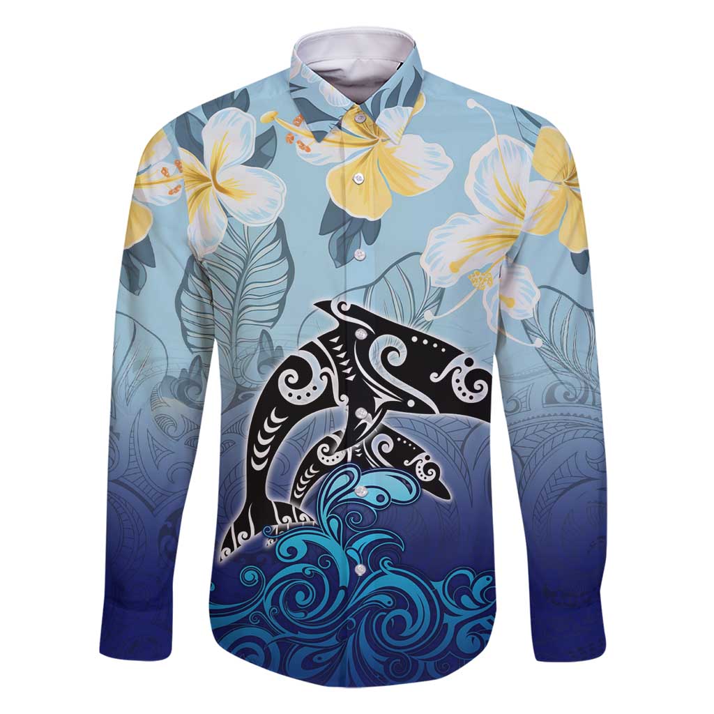 Mother And Baby Dolphins Family Matching Summer Maxi Dress and Hawaiian Shirt Hawaii Hibiscus DT02 Dad's Shirt - Long Sleeve Blue - Polynesian Pride