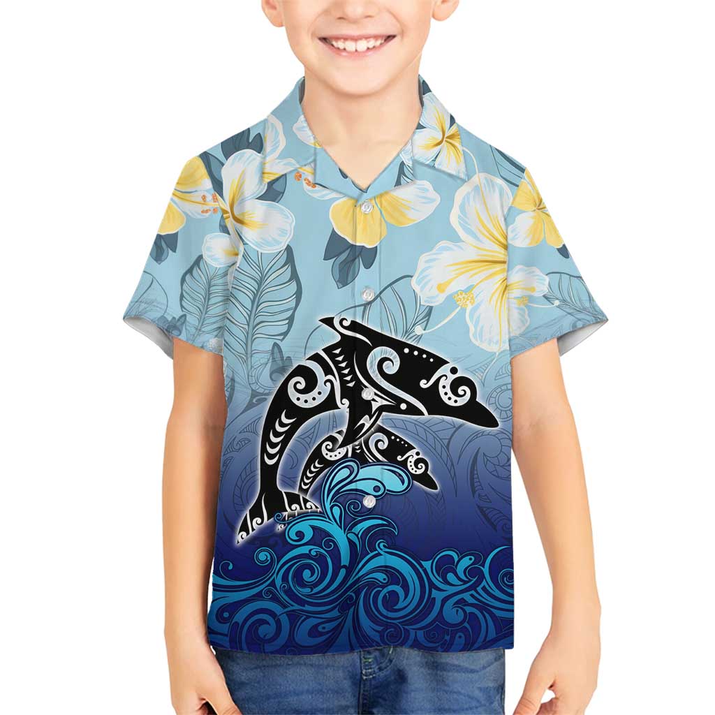 Mother And Baby Dolphins Family Matching Tank Maxi Dress and Hawaiian Shirt Hawaii Hibiscus DT02 Son's Shirt Blue - Polynesian Pride