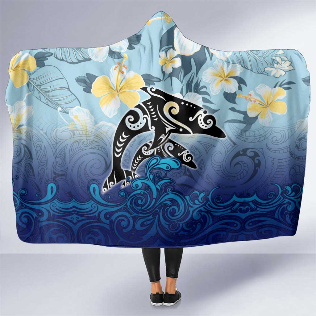 Mother And Baby Dolphins Hooded Blanket Hawaii Hibiscus