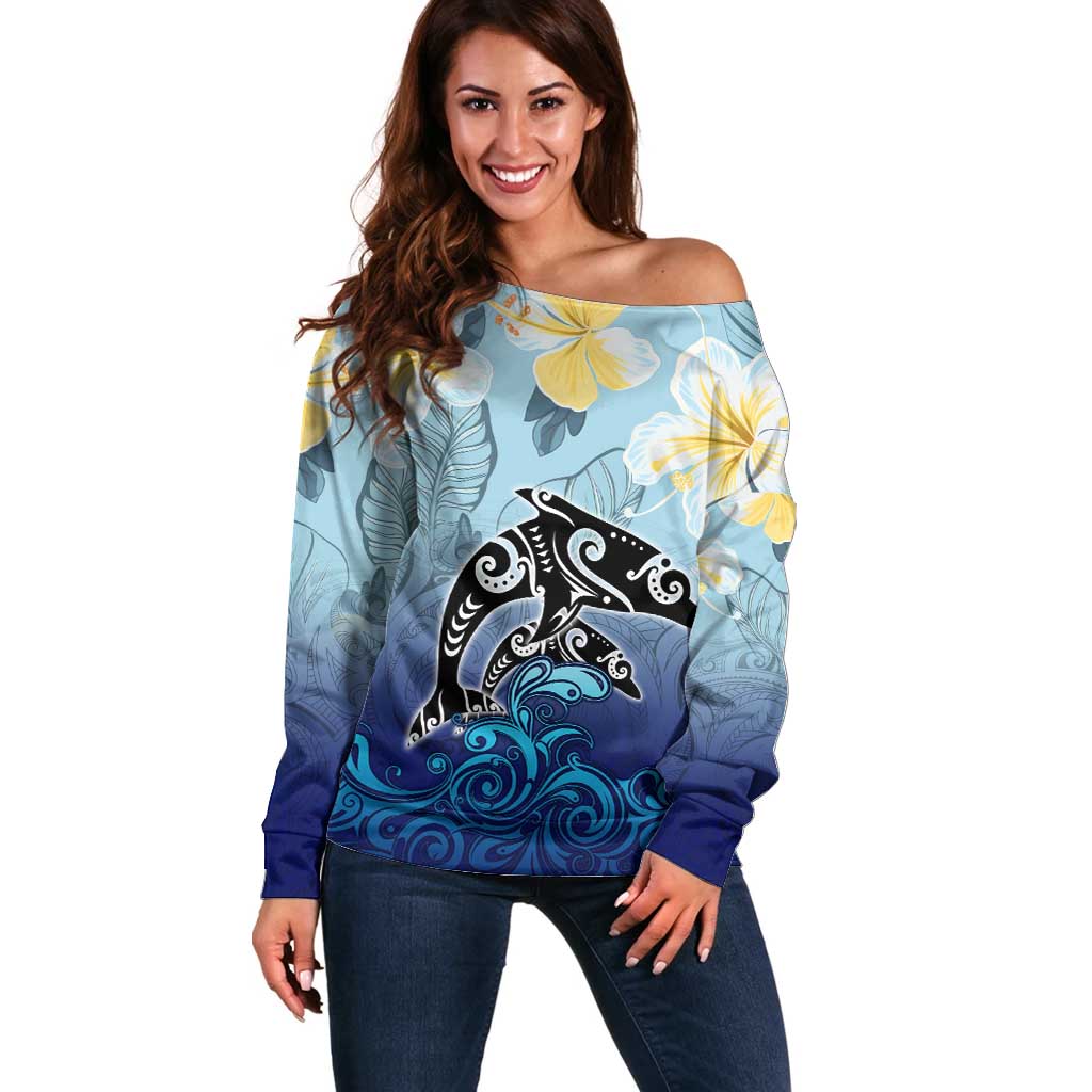 Mother And Baby Dolphins Off Shoulder Sweater Hawaii Hibiscus