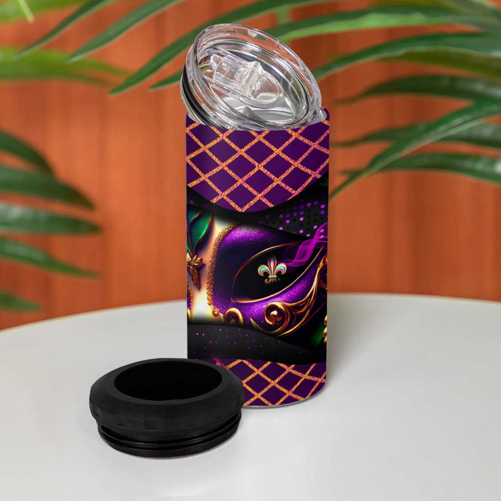 Happy Mardi Gras 4 in 1 Can Cooler Tumbler Mask Feather Colorfull