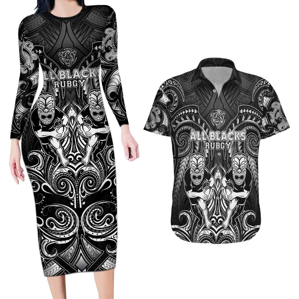 Personalized All Black Couples Matching Long Sleeve Bodycon Dress and Hawaiian Shirt New Zealand Rugby Mascot Maori
