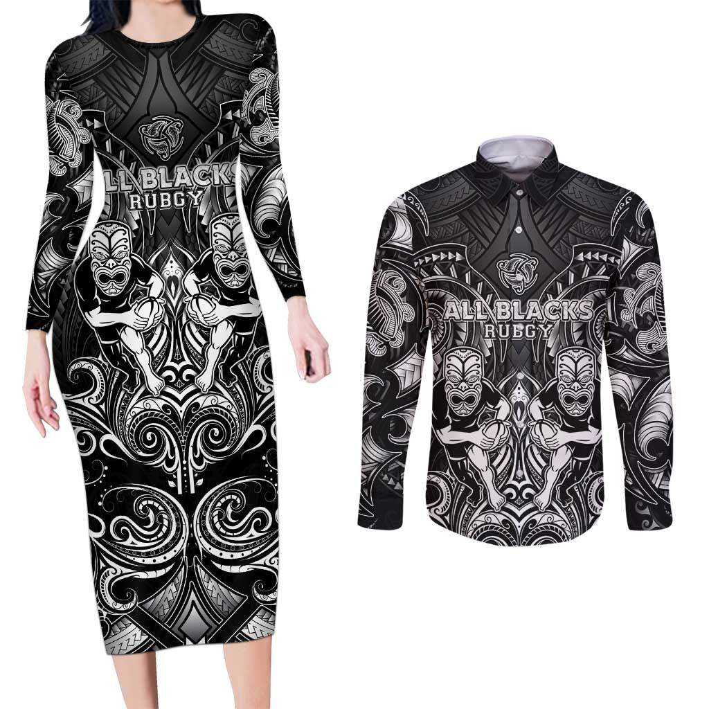 Personalized All Black Couples Matching Long Sleeve Bodycon Dress and Long Sleeve Button Shirt New Zealand Rugby Mascot Maori