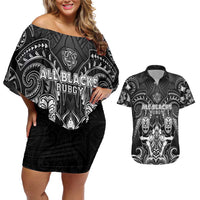 Personalized All Black Couples Matching Off Shoulder Short Dress and Hawaiian Shirt New Zealand Rugby Mascot Maori